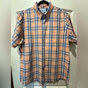 Izod Men's Peach and Blue Plaid Button Down Shirt